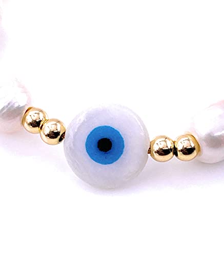 LESLIE BOULES Blue Evil Eye Gold Plated Balls & Baroque Bracelet for Women Fashion Jewelry