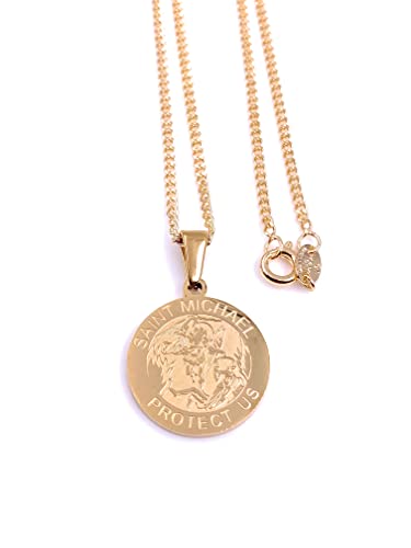 LESLIE BOULES St Michael The Archangel Stainless Steel Medal Necklace 18K Gold Plated Chain (22" Length)