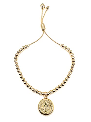 LESLIE BOULES Saint Benedict Medal Gold Beads Adjustable Bracelet for Women Religious Jewelry