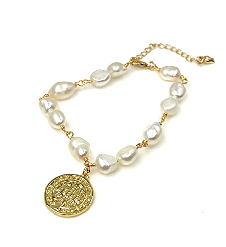 LESLIE BOULES San Benito 18K Gold Plated Medal Baroque Pearl Bracelet for Women Fashion Jewelry