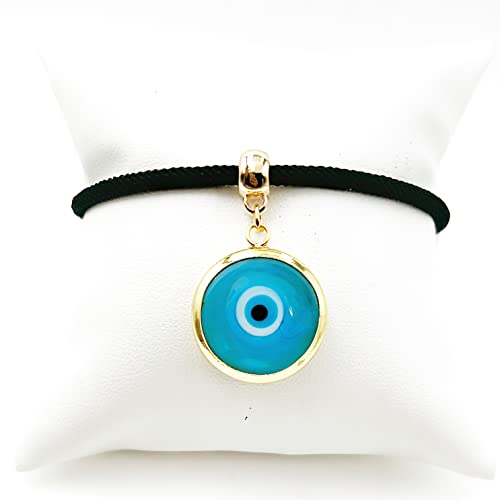 LESLIE BOULES Ligth Blue Evil Eye Pendant Black Bracelet for Women Powerful Jewelry