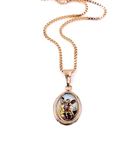 LESLIE BOULES Beautiful Religious Necklace for Women Colored Saint Michael Archangel Pendant 18K Gold Plated Chain