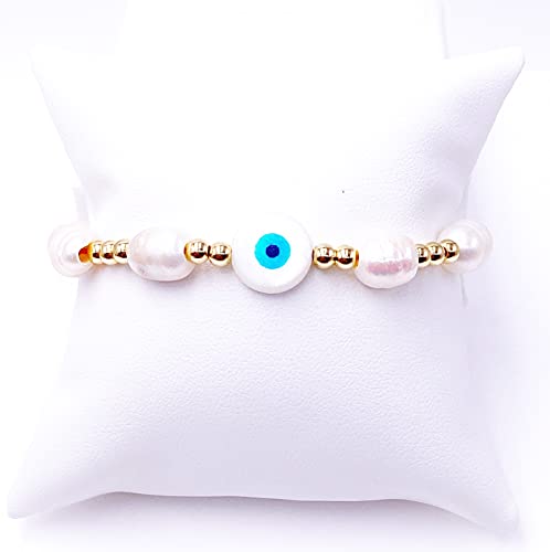 LESLIE BOULES Blue Evil Eye Gold Plated Balls & Baroque Bracelet for Women Fashion Jewelry