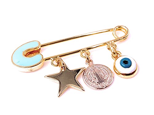 LESLIE BOULES 18K Gold Plated Saint Benedict Medal Brooch Jeweled Safety Pin Protection Jewelry