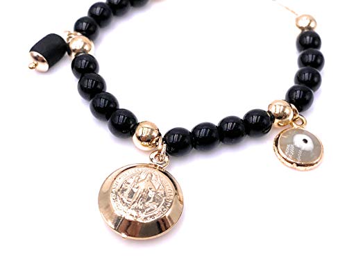 LESLIE BOULES Saint Benedict Medal Black Beads Bracelet Genuine Azabache and Evil Eye Pendants