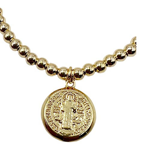 LESLIE BOULES Saint Benedict Medal Gold Beads Adjustable Bracelet for Women Religious Jewelry