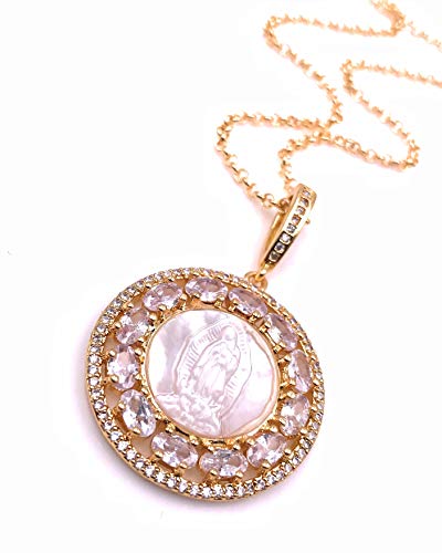 LESLIE BOULES Virgen de Guadalupe Rhinestone Pendant Necklace for Women 18K Gold Plated Chain