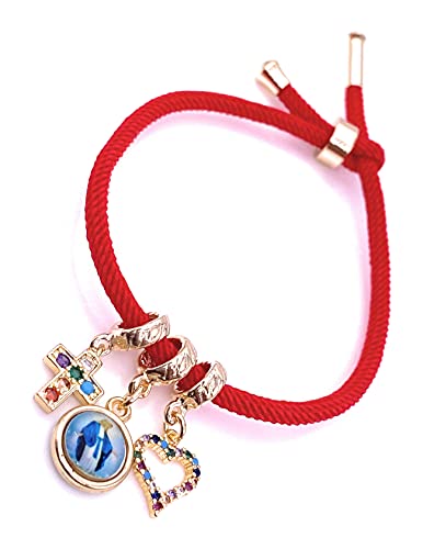 LESLIE BOULES Red Charm Bracelet 18K Gold Plated Miraculous Colored Medal & Dainty Cross And Heart Cubic Zirconia Pendants Religious Jewelry