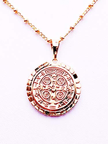 LESLIE BOULES 18K Gold Plated Saint Benedict Pendant Necklace for Women Religious Jewelry