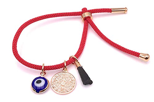 LESLIE BOULES 18K Gold Plated Saint Benedict Red String Bracelet Adjustable Charm Evil Eye & Dainty Genuine Azabache Hand