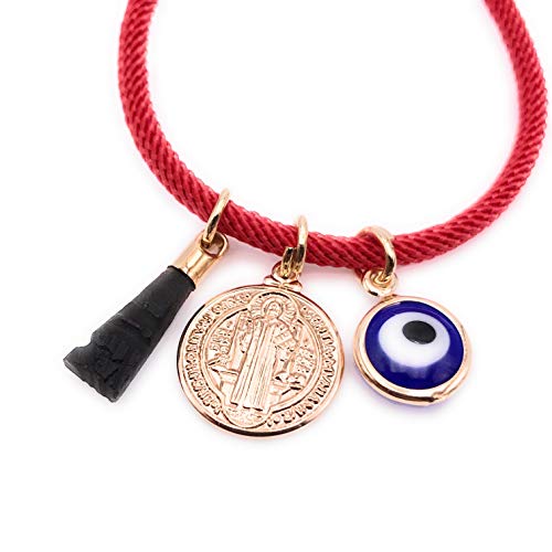 LESLIE BOULES 18K Gold Plated Saint Benedict Red String Bracelet Adjustable Charm Evil Eye & Dainty Genuine Azabache Hand