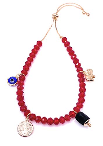 LESLIE BOULES Saint Benedict Medal Red Crystal Beads Bracelet for Women Amulet Pendants