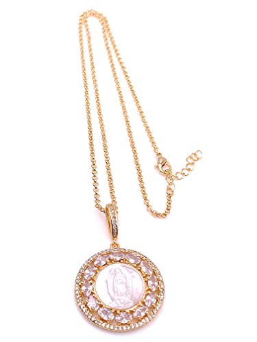 LESLIE BOULES Virgen de Guadalupe Rhinestone Pendant Necklace for Women 18K Gold Plated Chain