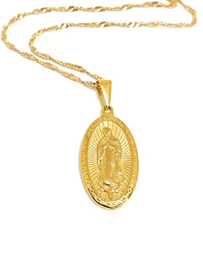 LESLIE BOULES 18K Gold Plated Guadalupe Medal Necklace 18 Inches Length Virgin Mary Jewelry