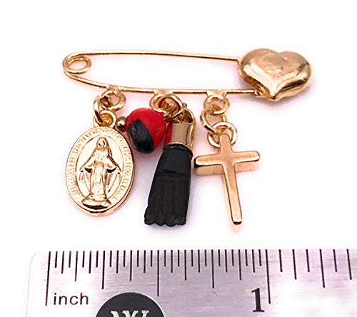 LESLIE BOULES Gold Plated Brooch Pin Miraculous Pendant & Genuine Azabache Protection Jewelry