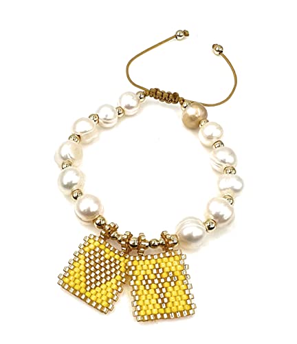 LESLIE BOULES Yellow Scapular Love Bracelet for Women Baroque Pearls Beads