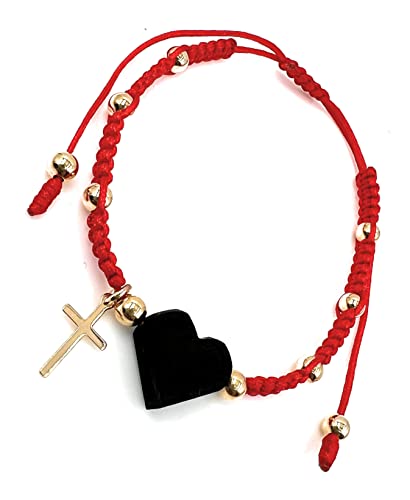 LESLIE BOULES Red Thread Genuine Heart Azabache Bracelet with Tiny Gold Plated Catholic Cross Protection Jewelry
