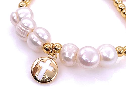 LESLIE BOULES 18K Gold Plated Round Cross Pendant Baroque Bracelet for Women Catholic Jewelry