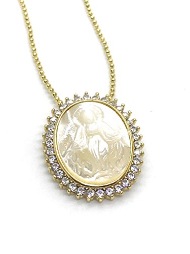 LESLIE BOULES Our Lady Of Grace Mother of Pearl Pendant Necklace Elegant Jewelry for Women