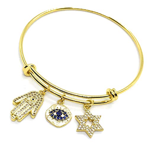 LESLIE BOULES Gold Plated Expandable Charm Bangle Bracelet Protection Jewelry