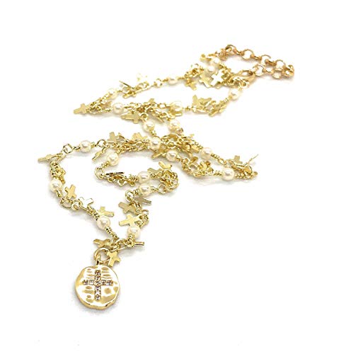 LESLIE BOULES Gold Tiny Cross CZ Pendant Necklace 18K Plated Charm Chain