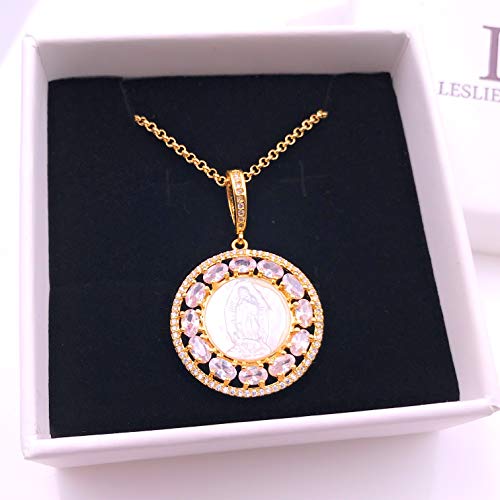 LESLIE BOULES Virgen de Guadalupe Rhinestone Pendant Necklace for Women 18K Gold Plated Chain