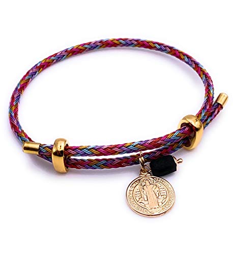 LESLIE BOULES 18K Gold Plated Saint Benedict Colored String Bracelet Charm Genuine Azabache Stone