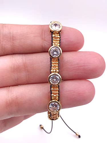 LESLIE BOULES Gold Plated Rhinestone Miyuki Glass Seed Beads Adjustable Crystal Bracelet Novelty Jewelry