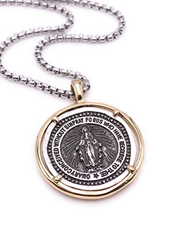 LESLIE BOULES Vintage Miraculous Medal Necklace for Men 22 Inches Length Protection Jewelry Beautiful Gift