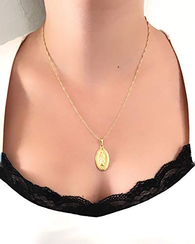 LESLIE BOULES 18K Gold Plated Guadalupe Medal Necklace 18 Inches Length Virgin Mary Jewelry