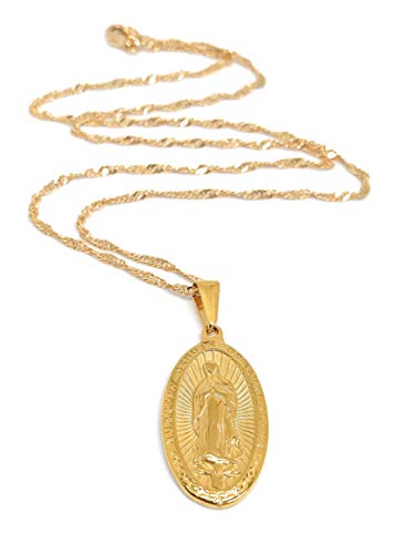 LESLIE BOULES 18K Gold Plated Guadalupe Medal Necklace 18 Inches Length Virgin Mary Jewelry