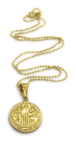 LESLIE BOULES Gold Saint Benedict Protection Medal 18K Plated Chain Necklace Religious Jewelry