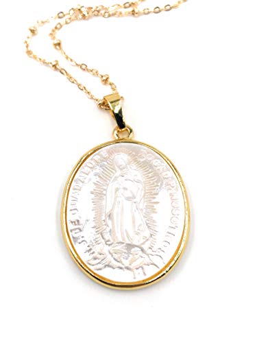 LESLIE BOULES Mother of Pearl Guadalupe Medal Pendant Necklace for Women 18K Gold Plated Chain