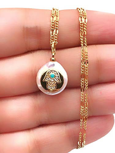 Gold Hamsa Hand Baroque Pendant Necklace 18K Gold Plated Chain "19 Inches" Length