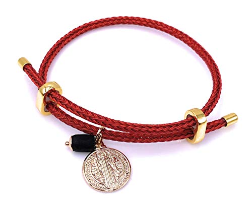 LESLIE BOULES 18K Gold Plated Saint Benedict Medal Red String Bracelet Charm Genuine Jetstone