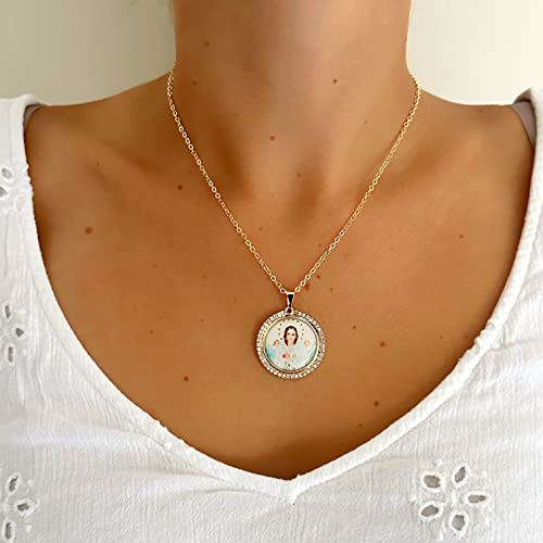 LESLIE BOULES Beautiful Mystic Rose Medal Pendant Necklace 18K Gold Plated Chain Religious Jewelry