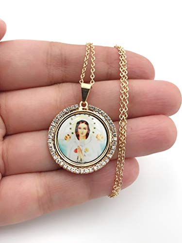 LESLIE BOULES Beautiful Mystic Rose Medal Pendant Necklace 18K Gold Plated Chain Religious Jewelry