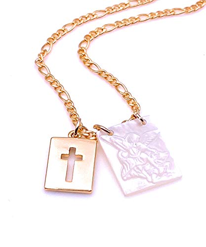 LESLIE BOULES Saint Michael Archangel & Gold Cross Pendant Necklace for Women 18K Plated Chain Religious Jewelry