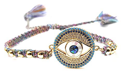 LESLIE BOULES Evil Eye Gold Plated Beads Bracelet Adjustable with Charm Colored Tassels