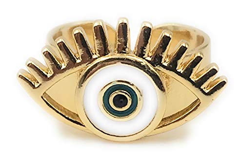 LESLIE BOULES Gold Plated Evil Eye Enamel Ring Adjustable Size Ojo Turco Jewelry