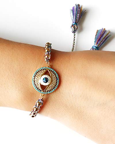 LESLIE BOULES Evil Eye Gold Plated Beads Bracelet Adjustable with Charm Colored Tassels