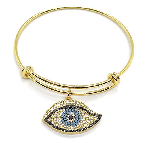 LESLIE BOULES Evil Eye Gold Plated Expandable Charm Bangle Bracelet Fashion Jewelry