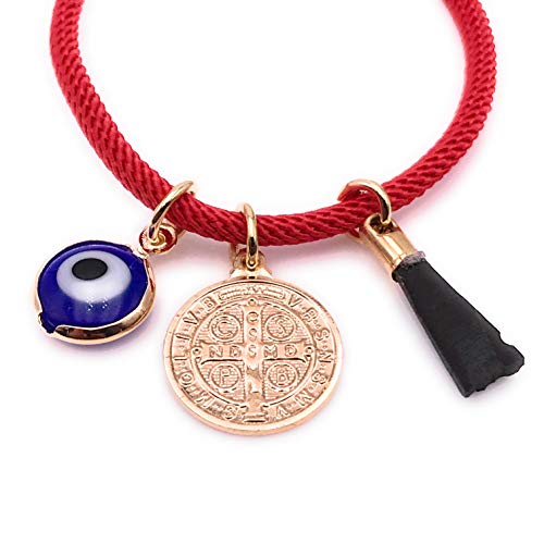 LESLIE BOULES 18K Gold Plated Saint Benedict Red String Bracelet Adjustable Charm Evil Eye & Dainty Genuine Azabache Hand