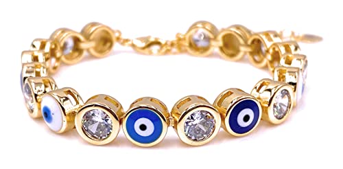 LESLIE BOULES 18K Gold Plated Multicolored Strand Evil Eyes Bracelet For Women Protection Jewelry