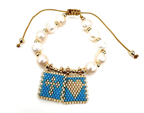 LESLIE BOULES Blue Scapular Love Bracelet for Women Baroque Pearls Beads