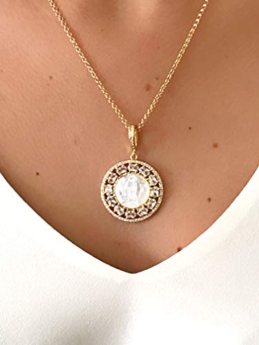 LESLIE BOULES Virgen de Guadalupe Rhinestone Pendant Necklace for Women 18K Gold Plated Chain