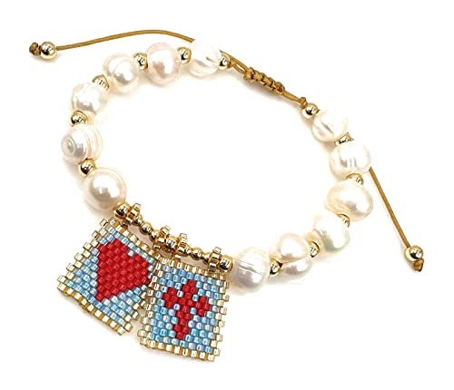 LESLIE BOULES Blue & Red Scapular Love Bracelet for Women Baroque Pearls Beads