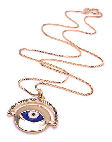 LESLIE BOULES Gold Blue Evil Eye Necklace for Women 18K Plated Chain Protection Jewelry