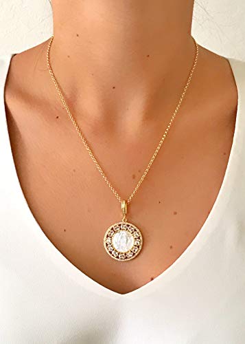 LESLIE BOULES Virgen de Guadalupe Rhinestone Pendant Necklace for Women 18K Gold Plated Chain