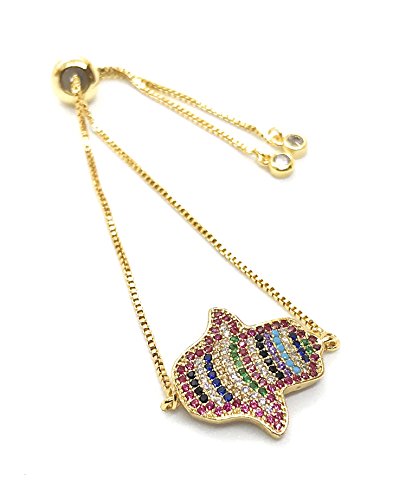 LESLIE BOULES Hamsa Hand Gold Bracelet Adjustable 18K Plated Sliding Chain Amuleto de Protección